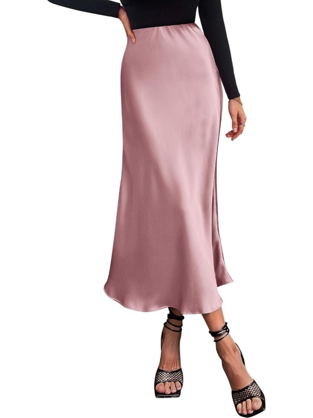 Women Pink High Waist Satin A-Line Elegant Slip Bias Cut Flowy Long Midi Skirt